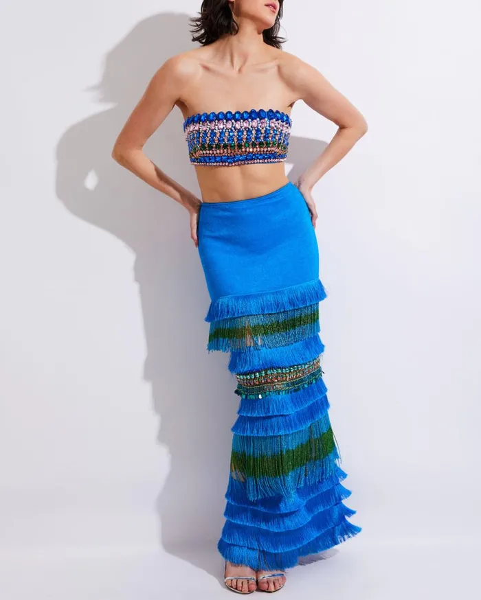 Matching Sets Women Patbo HandBeaded Fringe Trim Maxi Skirt Blue