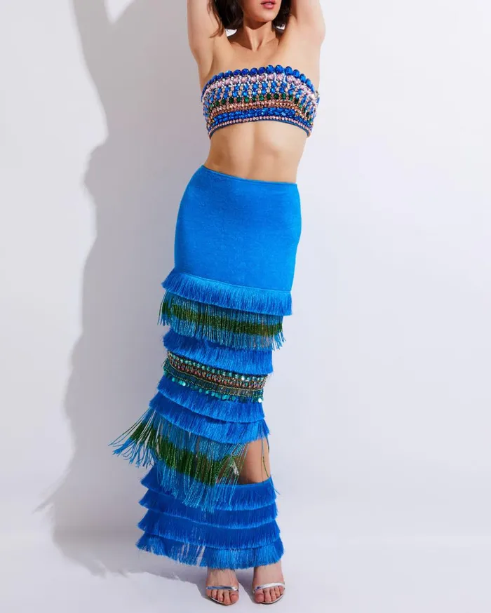 Matching Sets Women Patbo HandBeaded Fringe Trim Maxi Skirt Blue