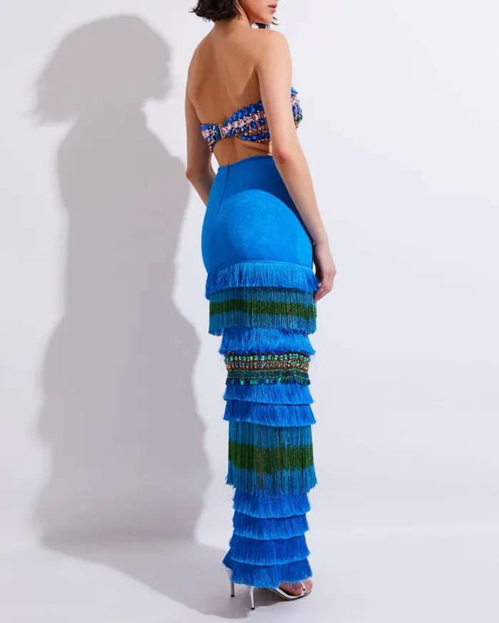 Matching Sets Women Patbo HandBeaded Fringe Trim Maxi Skirt Blue