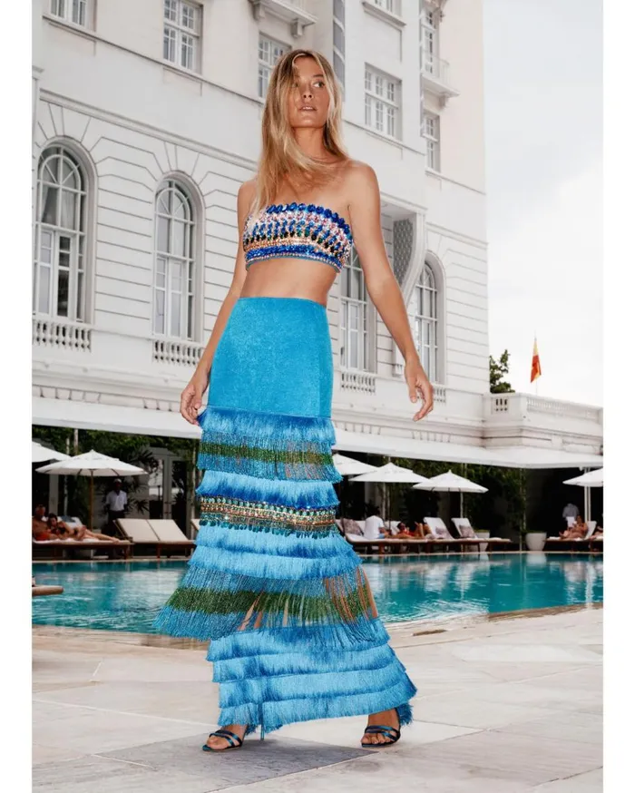 Matching Sets Women Patbo HandBeaded Fringe Trim Maxi Skirt Blue