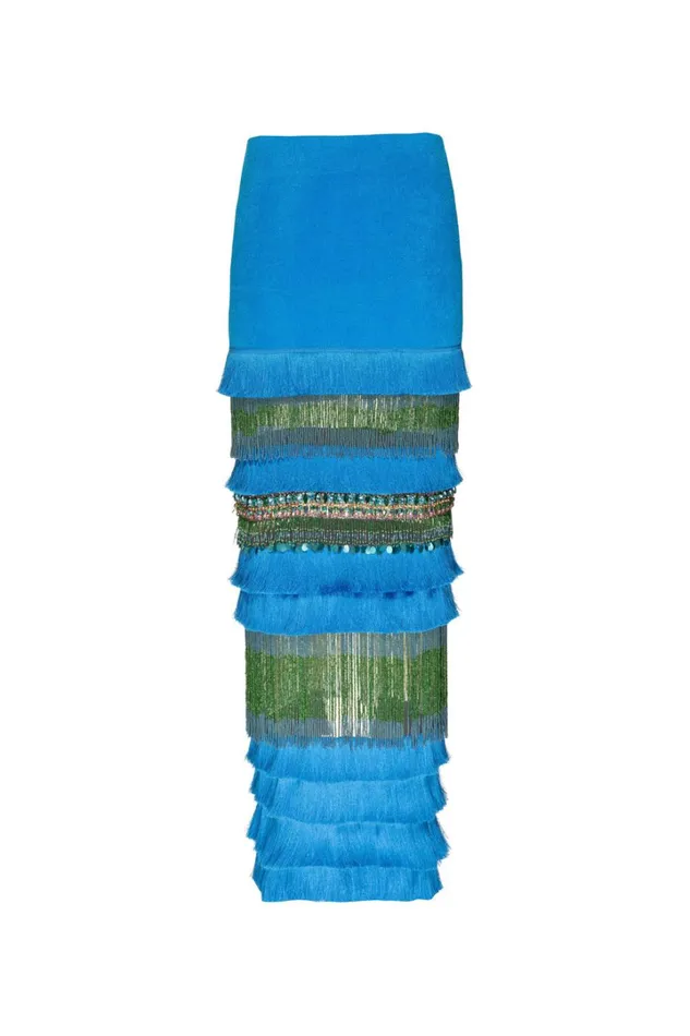 Matching Sets Women Patbo HandBeaded Fringe Trim Maxi Skirt Blue