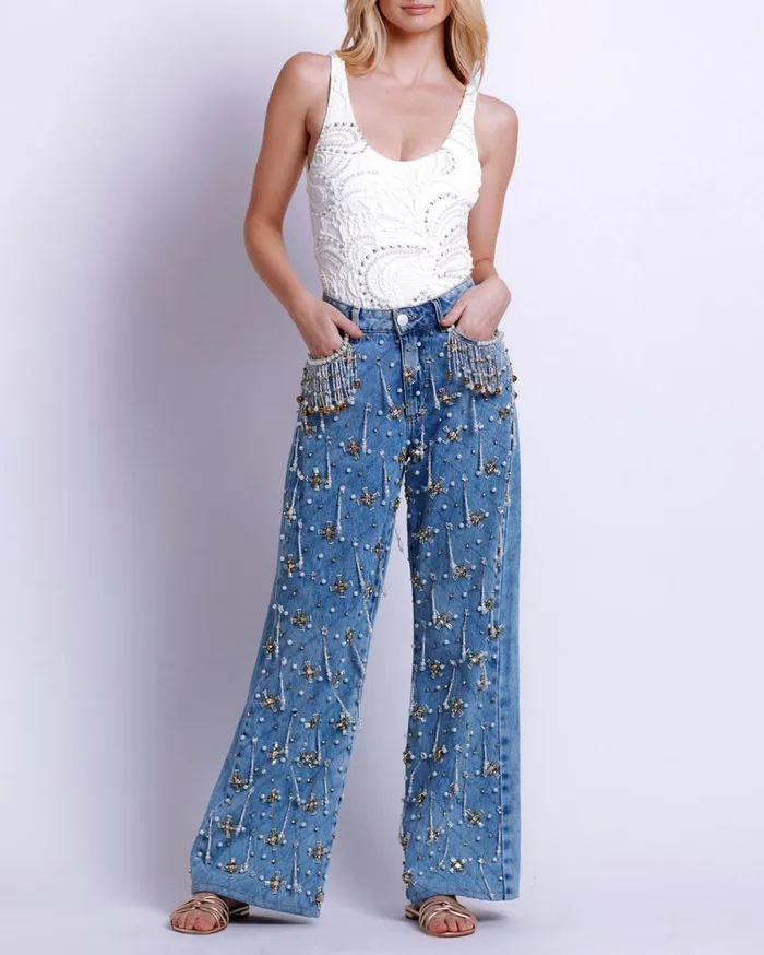 Matching Sets Women Patbo HandBeaded High Waist Jeans Denim