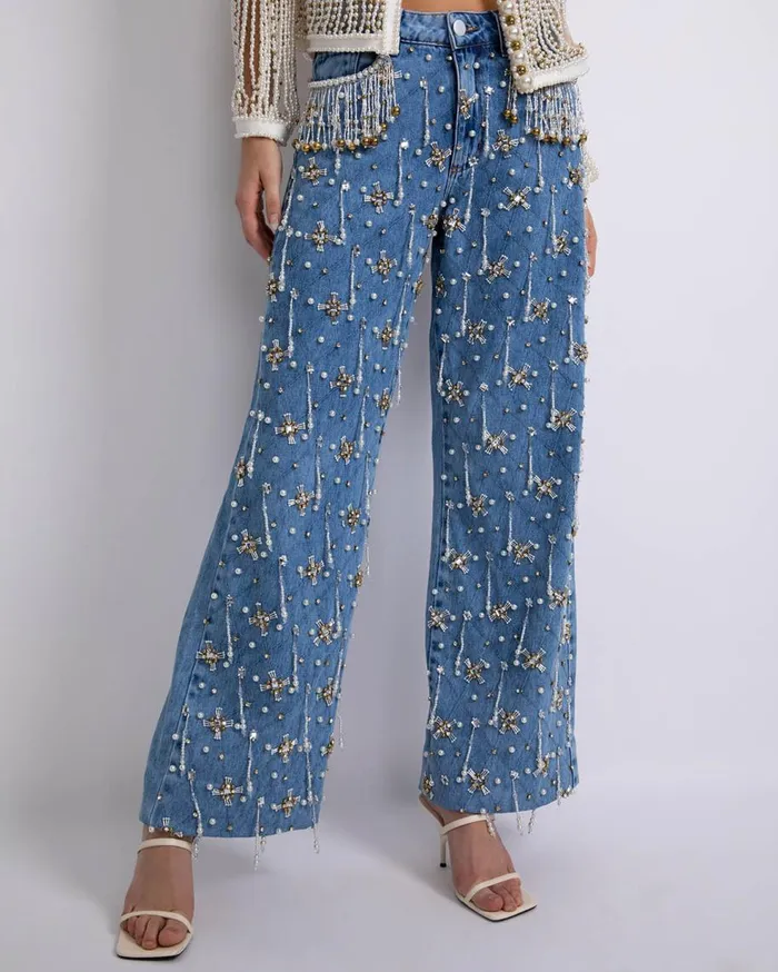 Matching Sets Women Patbo HandBeaded High Waist Jeans Denim