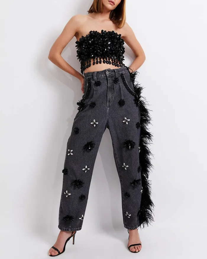 Matching Sets Women Patbo HandBeaded Jeans With Feather Trim Black