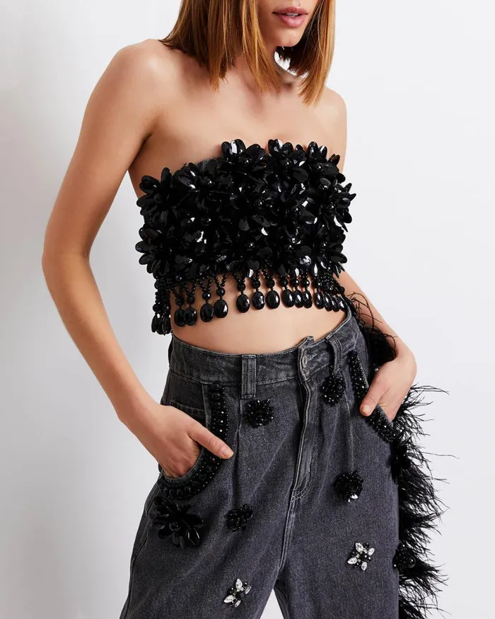Matching Sets Women Patbo HandBeaded Jeans With Feather Trim Black
