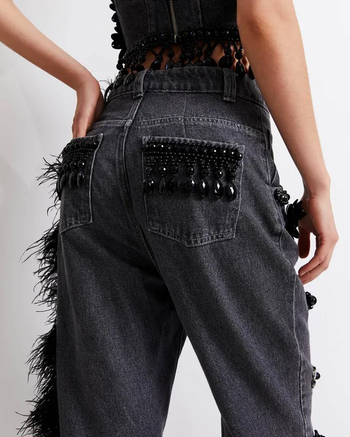 Matching Sets Women Patbo HandBeaded Jeans With Feather Trim Black