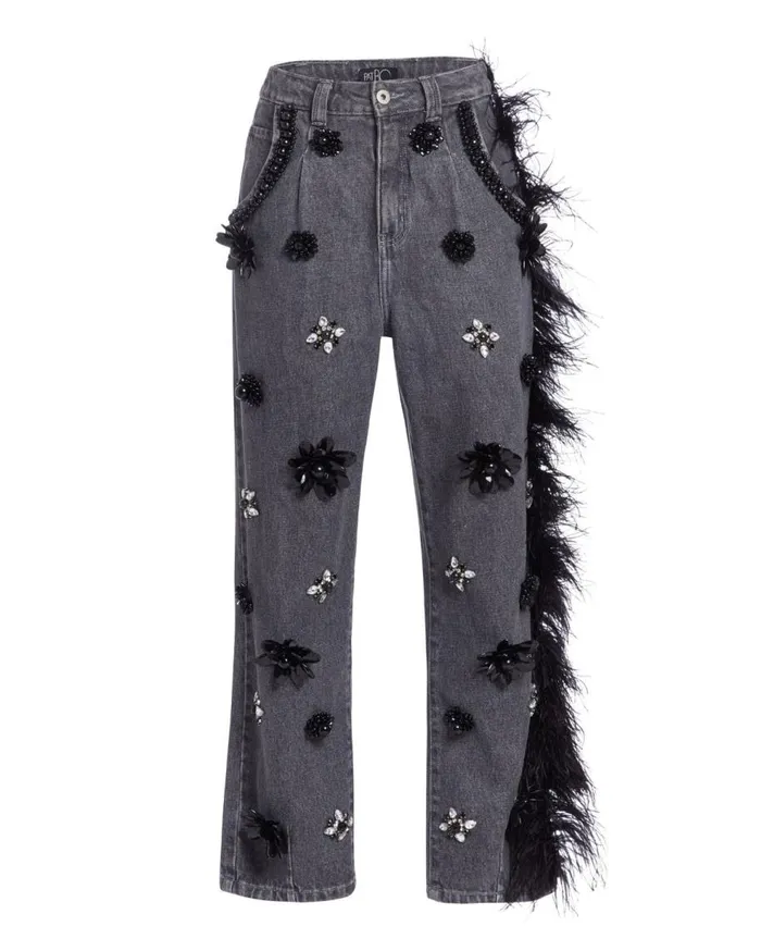 Matching Sets Women Patbo HandBeaded Jeans With Feather Trim Black