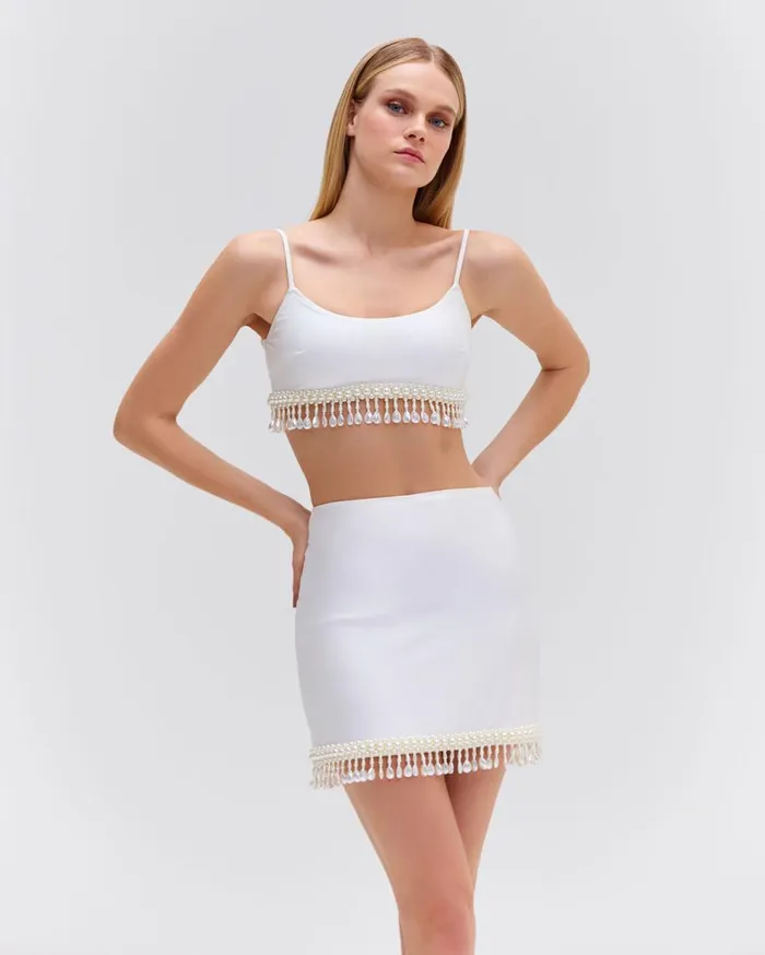 Matching Sets Women Patbo HandBeaded Mini Skirt White
