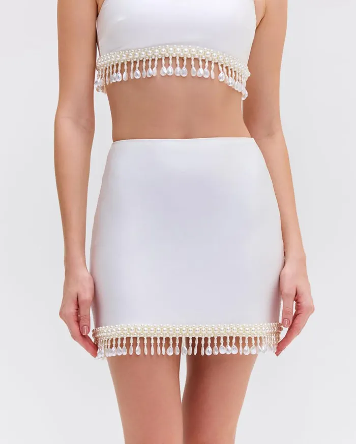 Matching Sets Women Patbo HandBeaded Mini Skirt White
