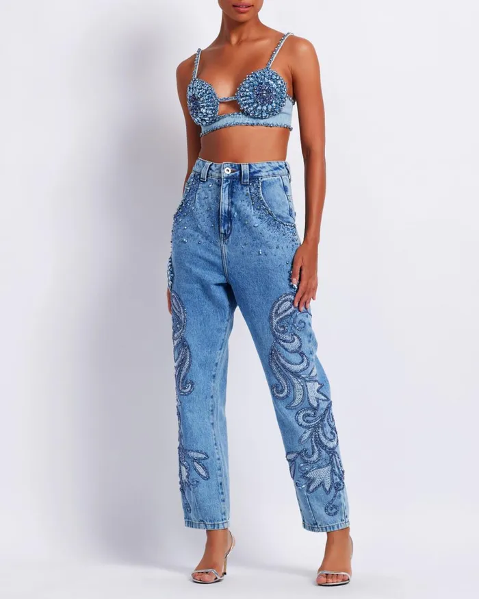 Matching Sets Women Patbo HandBeaded Straight Leg Jeans Denim