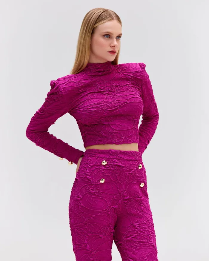 Matching Sets Women Patbo Jacquard Mock Neck Cropped Top Raspberry