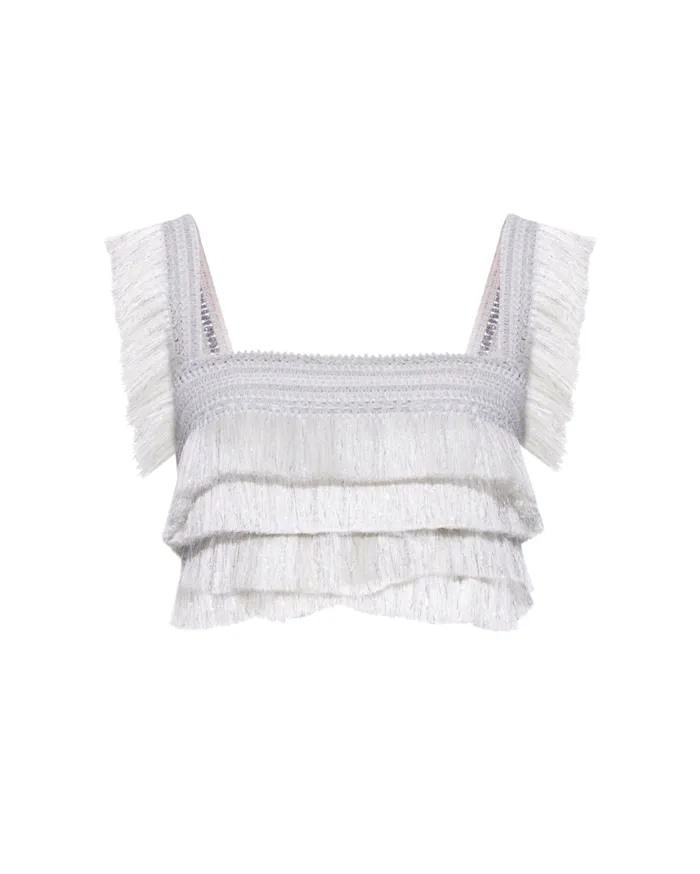Matching Sets Women Patbo Metallic Fringe Cropped Top Silver