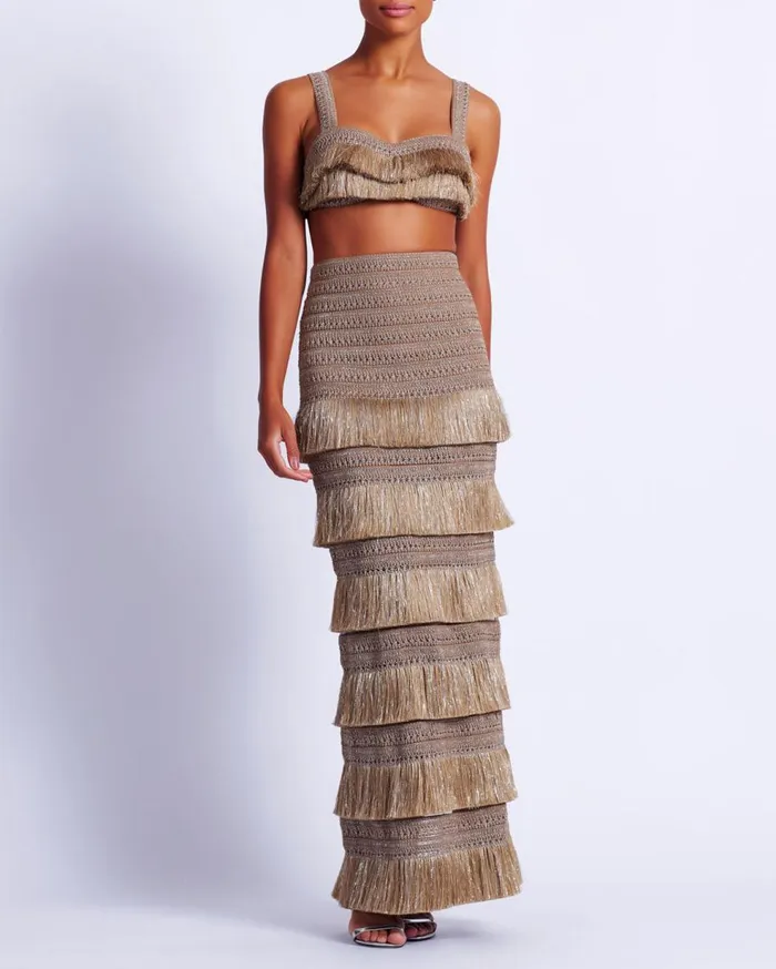Matching Sets Women Patbo Metallic Fringe Maxi Skirt Gold