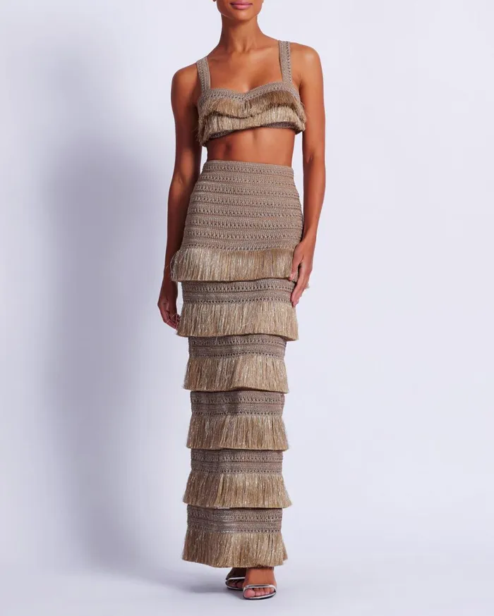 Matching Sets Women Patbo Metallic Fringe Maxi Skirt Gold