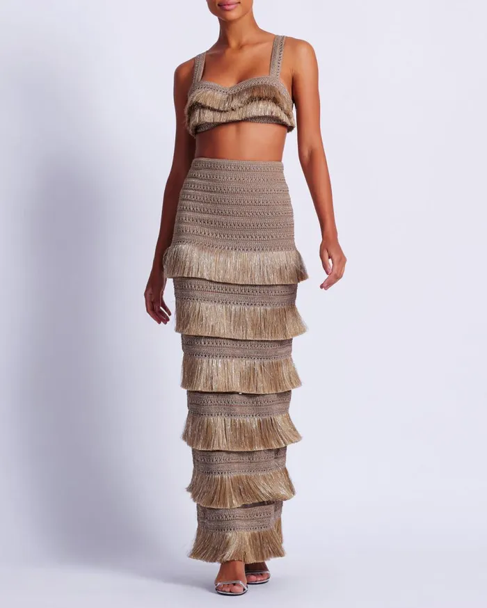 Matching Sets Women Patbo Metallic Fringe Maxi Skirt Gold