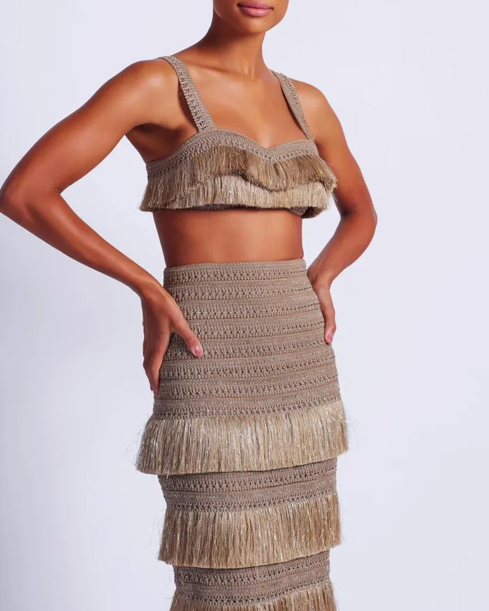 Matching Sets Women Patbo Metallic Fringe Maxi Skirt Gold