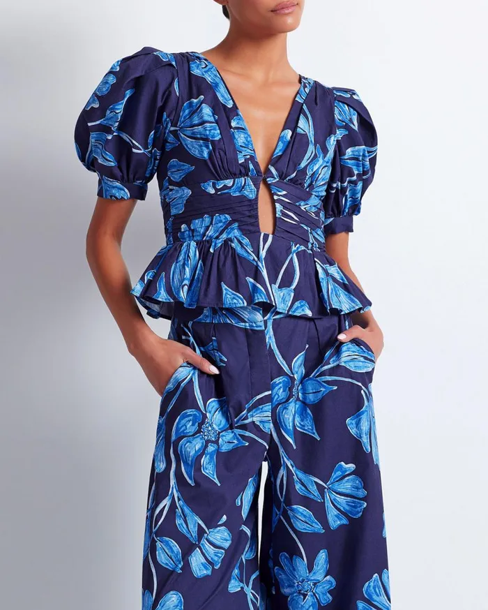 Matching Sets Women Patbo Nightflower Cotton Peplum Top Indigo