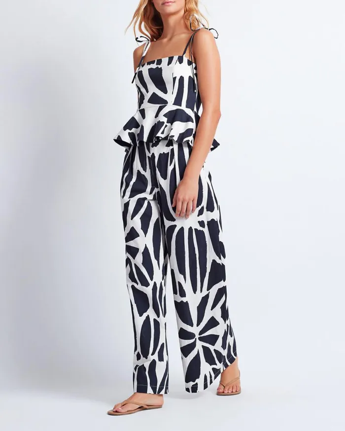 Matching Sets Women Patbo Printed Cotton Peplum Top Black White
