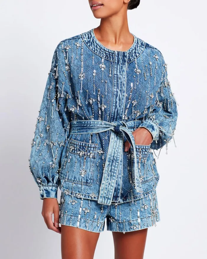 Matching Sets Women Patbo Rhinestone Beaded Jacket Denim