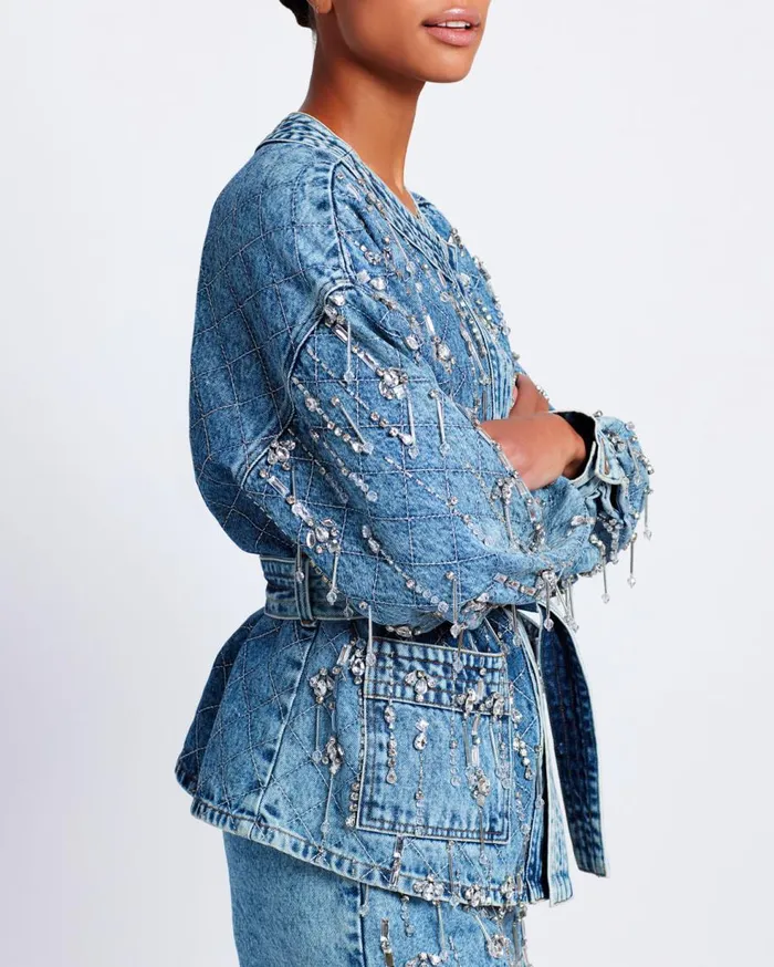 Matching Sets Women Patbo Rhinestone Beaded Jacket Denim