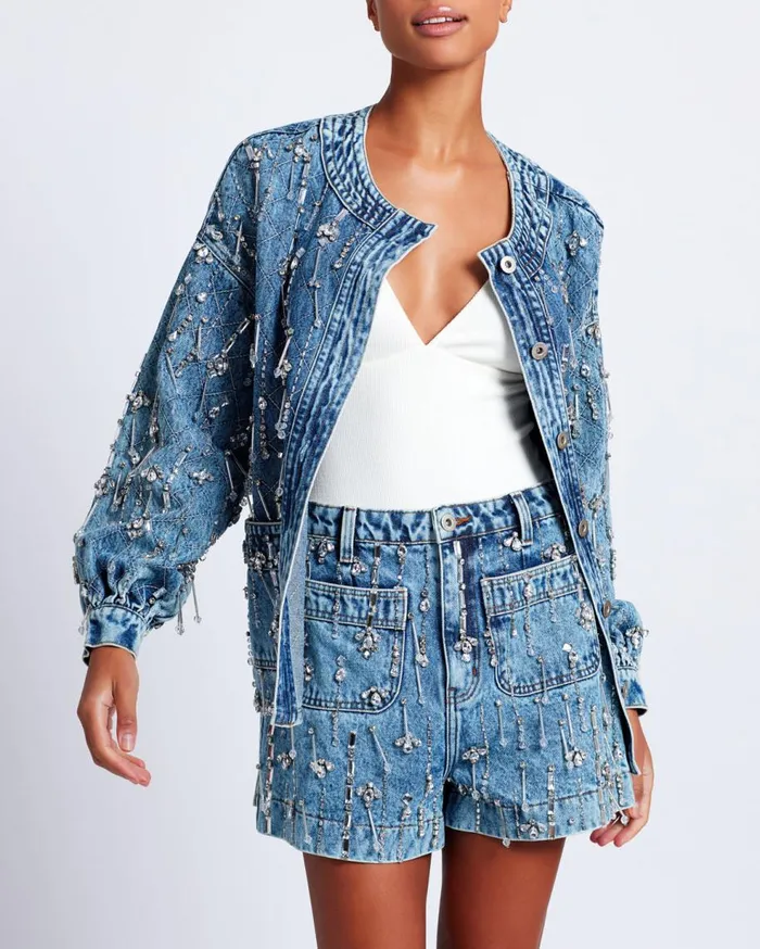 Matching Sets Women Patbo Rhinestone Beaded Jacket Denim