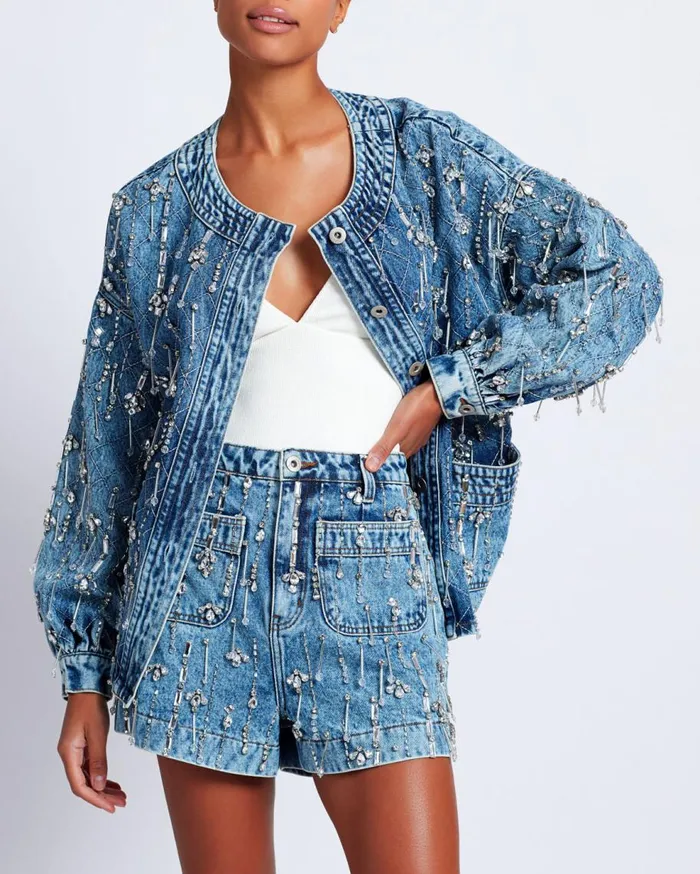 Matching Sets Women Patbo Rhinestone Beaded Jacket Denim