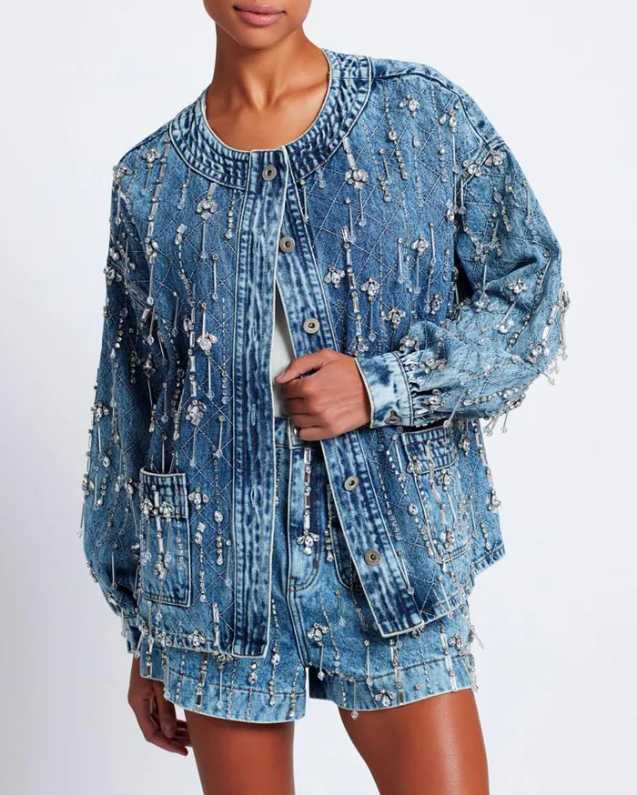 Matching Sets Women Patbo Rhinestone Beaded Jacket Denim