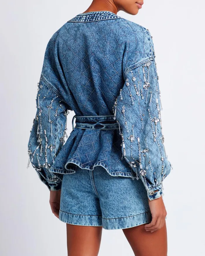 Matching Sets Women Patbo Rhinestone Beaded Jacket Denim