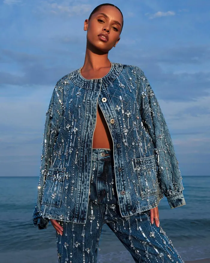 Matching Sets Women Patbo Rhinestone Beaded Jacket Denim