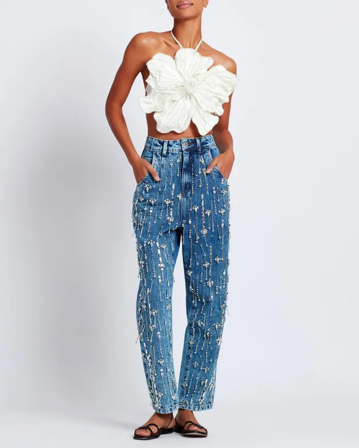 Matching Sets Women Patbo Rhinestone Beaded Jeans Denim