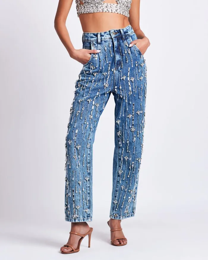 Matching Sets Women Patbo Rhinestone Beaded Jeans Denim