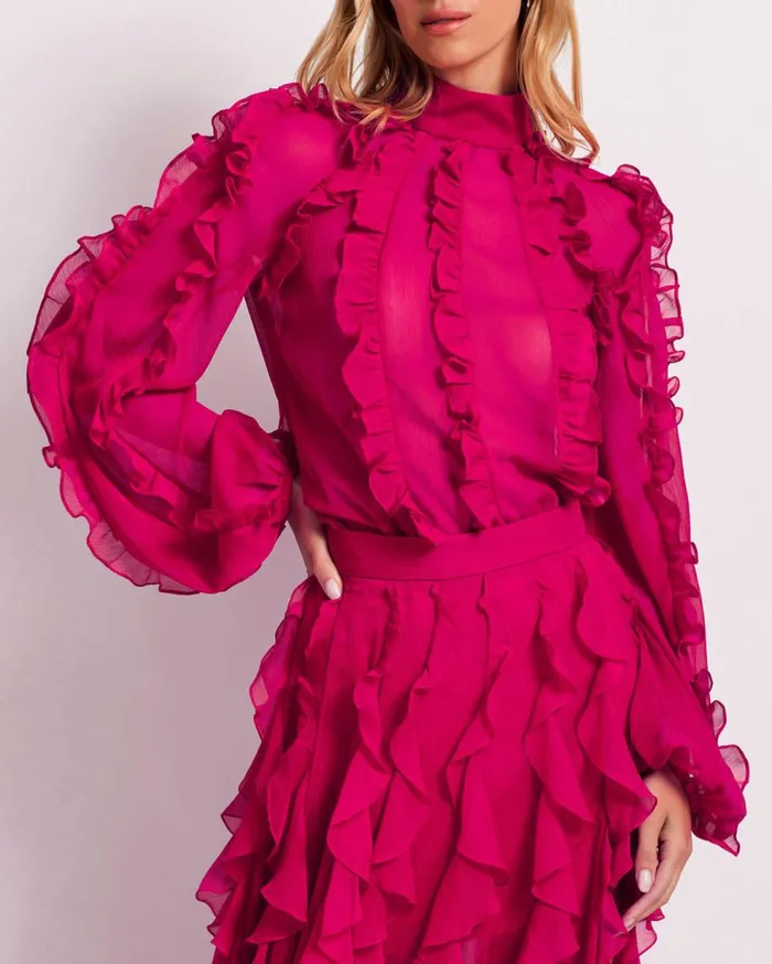 Matching Sets Women Patbo Ruffle High Neck Blouse Fuchsia