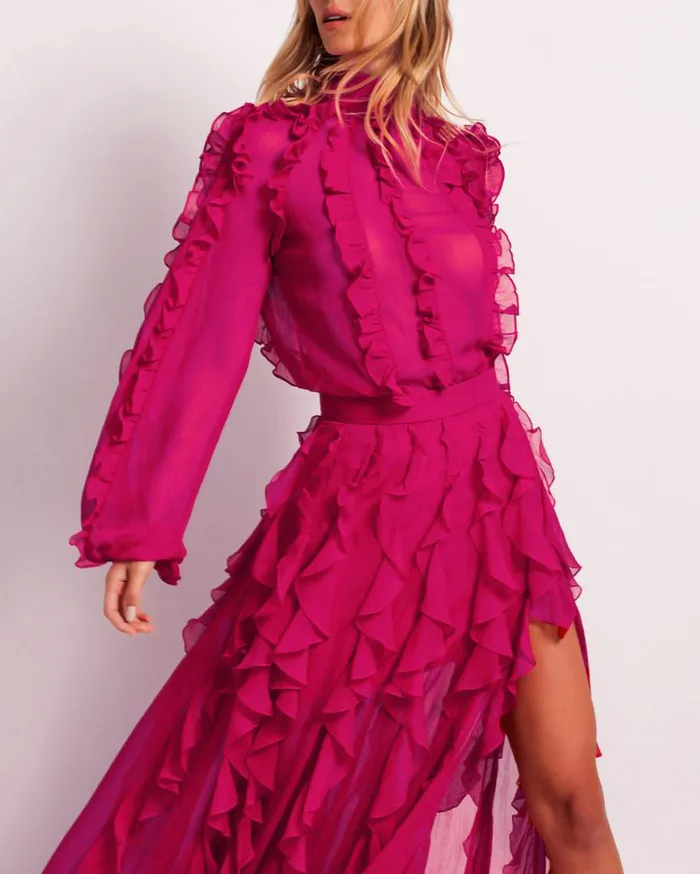 Matching Sets Women Patbo Ruffle High Neck Blouse Fuchsia