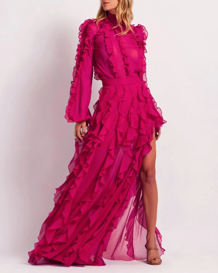 Matching Sets Women Patbo Ruffle Maxi Skirt Fuchsia