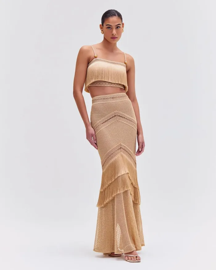 Matching Sets Women Patbo Sleeveless Fringe Cropped Top Gold