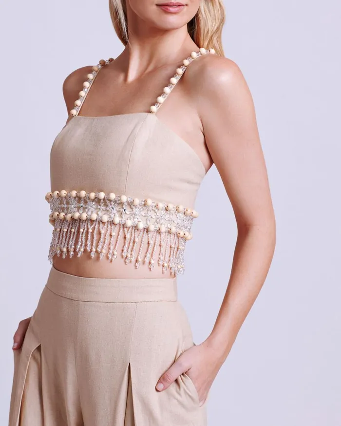 Matching Sets Women Patbo Wood And Crystal Beaded Linen Top Sand