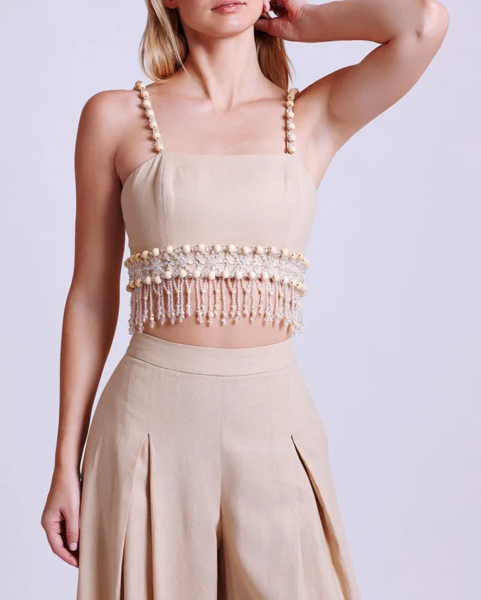 Matching Sets Women Patbo Wood And Crystal Beaded Linen Top Sand