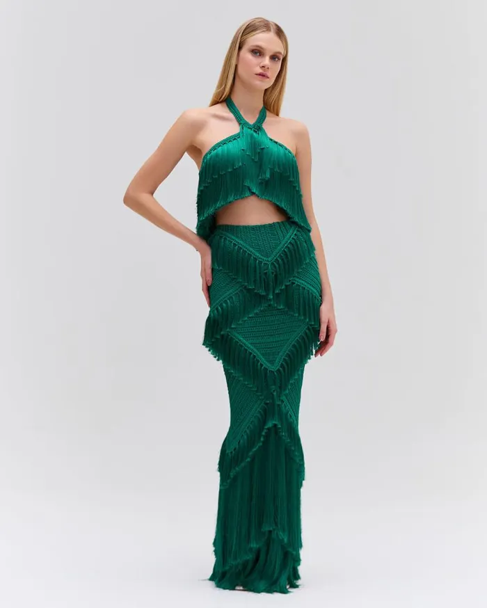 Matching Sets Women Patbo Woven Fringe Trim Maxi Skirt Jade
