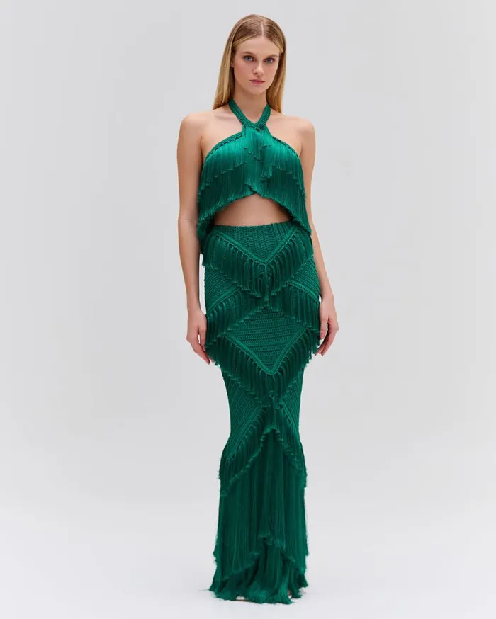 Matching Sets Women Patbo Woven Fringe Trim Maxi Skirt Jade