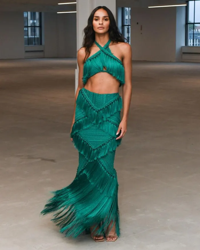 Matching Sets Women Patbo Woven Fringe Trim Maxi Skirt Jade