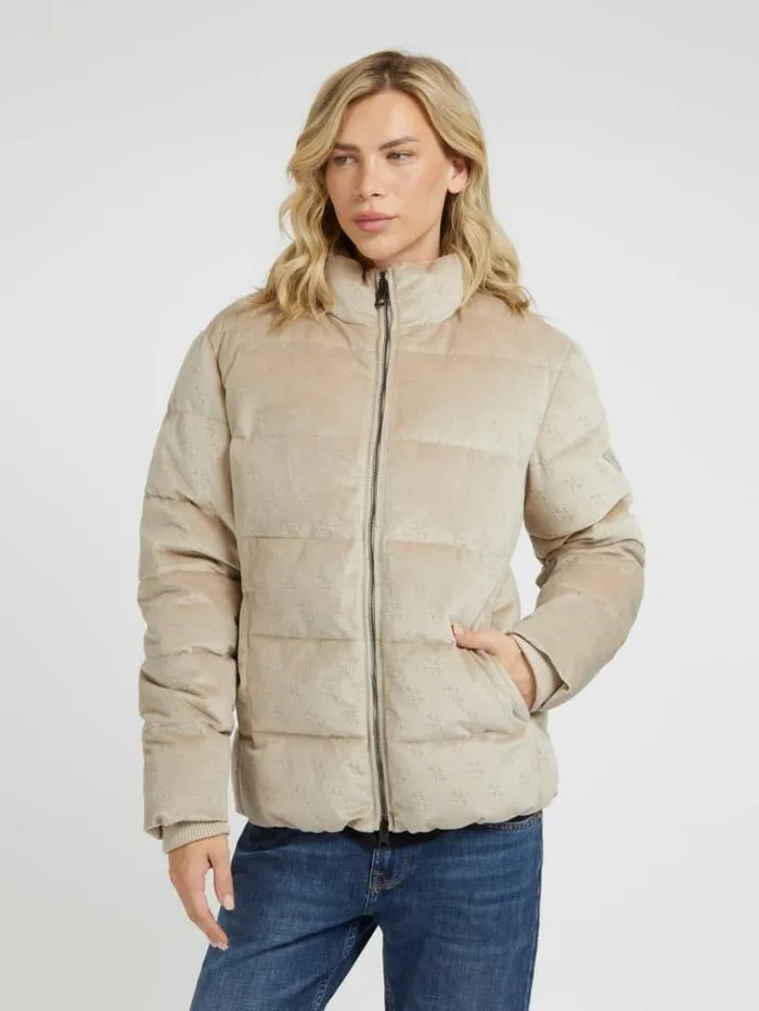 Men 4g Logo Velvet Puffer Beige Guess Coats And Jackets