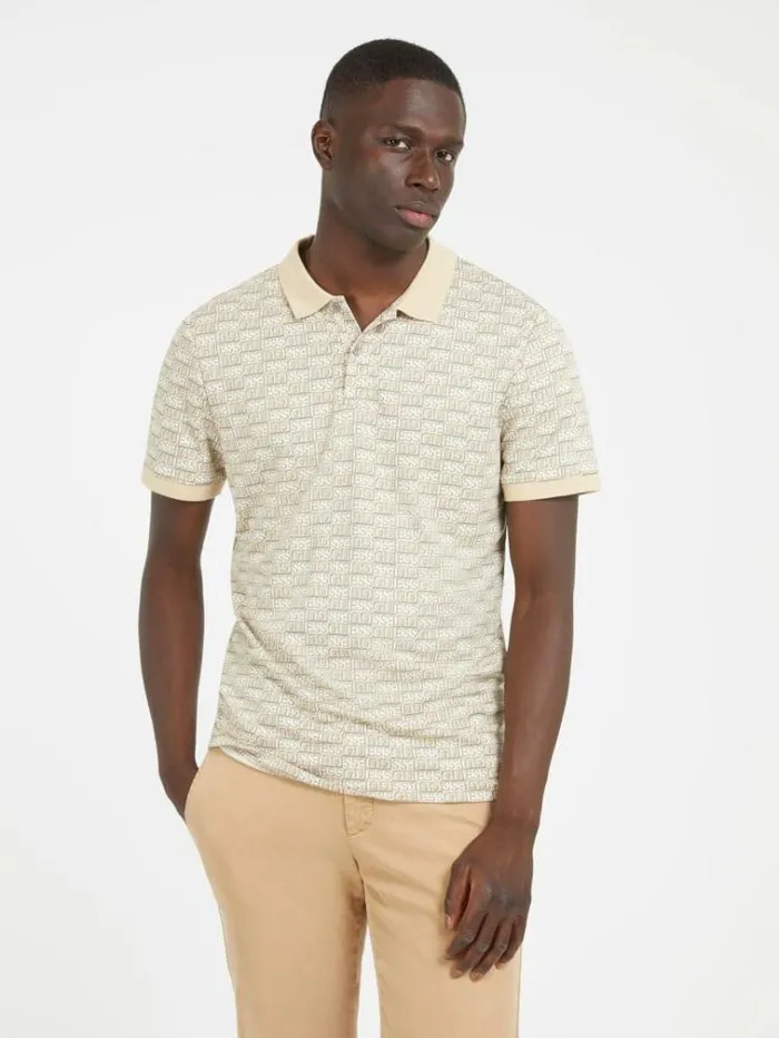 Men All Over Logo Polo Multi Beige Guess Tshirts And Polo Shirts