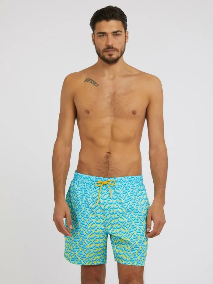 Men All Over Logo Print Medium Swim Trunk Blue Multi Guess Beachwear