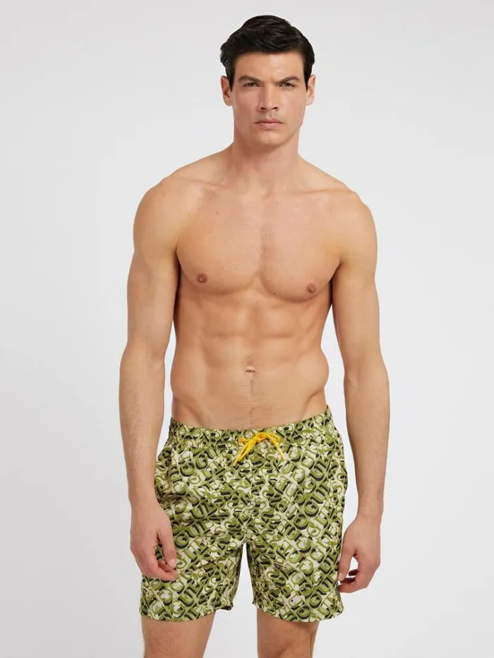 Men All Over Logo Print Medium Swim Trunk Green Multi Guess Beachwear