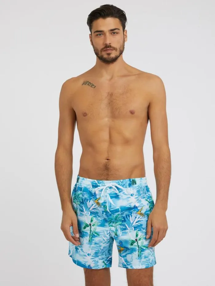 Men All Over Print Medium Swim Trunk Floral Light Blue Guess Beachwear