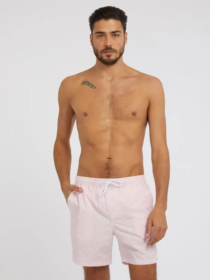 Men All Over Striped Medium Swim Trunk Pink Guess Beachwear