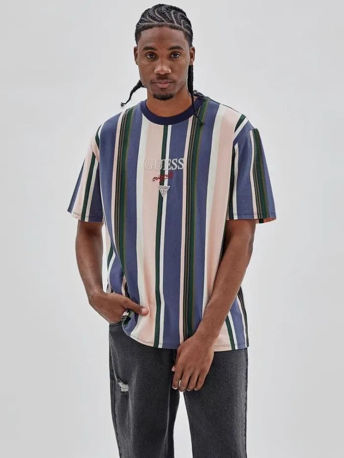 Men All Over Striped Tshirt Blue Multi Guess Tshirts And Polo Shirts