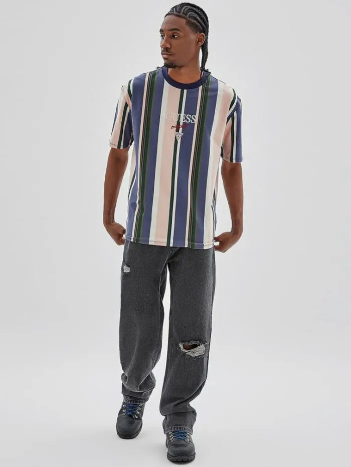 Men All Over Striped Tshirt Blue Multi Guess Tshirts And Polo Shirts