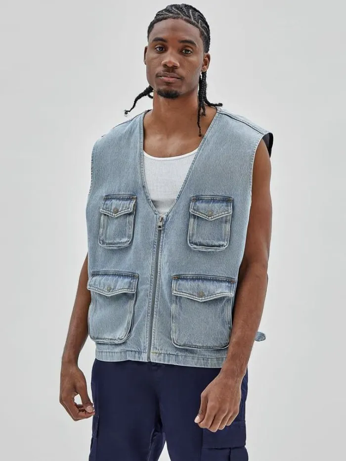 Men Cargo Denim Vest Light Blue Guess Coats And Jackets
