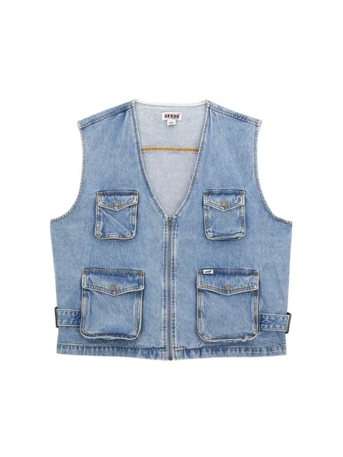 Men Cargo Denim Vest Light Blue Guess Coats And Jackets